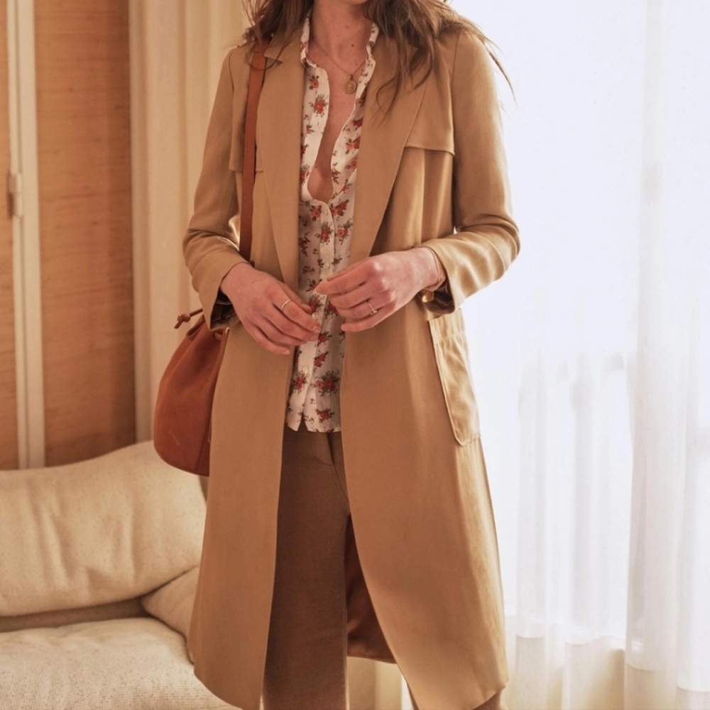 Sezane OPRAH Minimalist Neutral Beige-Tan Trench Coat 36 XS/S